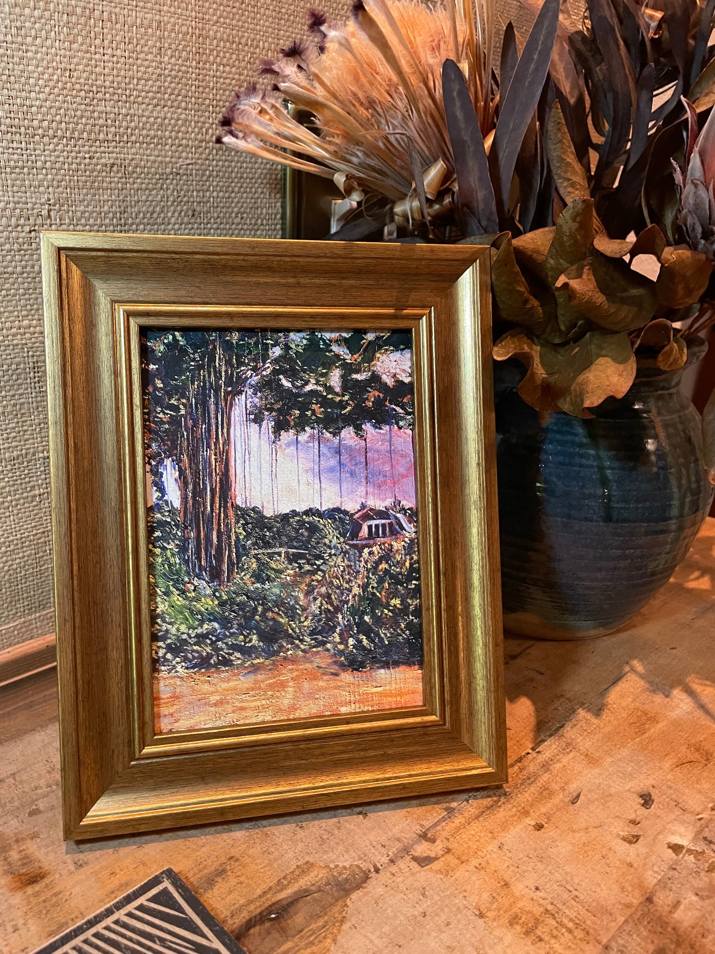 "Banyan at Keiki's" Gold Framed Linen Giclée - 5x7 Inch